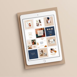 May include: A digital tablet displaying a grid of 16 social media post templates. The templates feature a variety of images, text, and graphics in a neutral color palette of beige, brown, and blue. The text includes phrases like "Big Sale" and "Are you ready to bloom?"