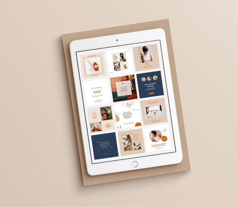 May include: A digital tablet displaying a grid of 16 social media post templates. The templates feature a variety of images, text, and graphics in a neutral color palette of beige, brown, and blue. The text includes phrases like "Big Sale" and "Are you ready to bloom?"