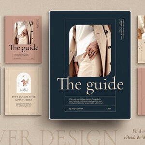 May include: Collection of ebook and workbook cover designs. The covers feature a minimalist aesthetic with neutral color palettes, including beige, navy, and blush tones. Titles include "The Guide," "Journey Session," and "WRK Workbook."
