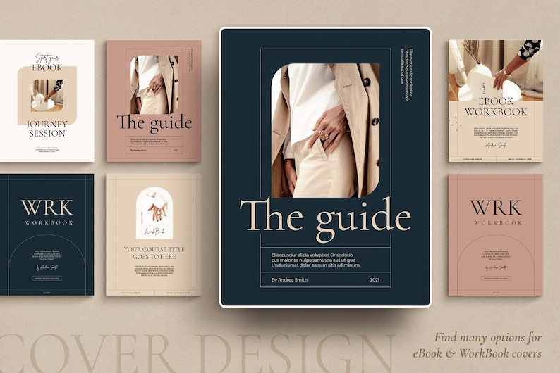 May include: Collection of ebook and workbook cover designs. The covers feature a minimalist aesthetic with neutral color palettes, including beige, navy, and blush tones. Titles include "The Guide," "Journey Session," and "WRK Workbook."