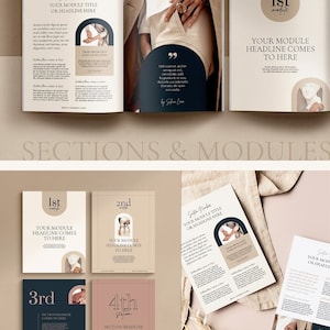 May include: A layout of an ebook with a neutral color palette. The pages feature headings, body text, and images. The ebook is divided into sections with titles like "Intros, Contents & Overviews" and "Sections & Modules."