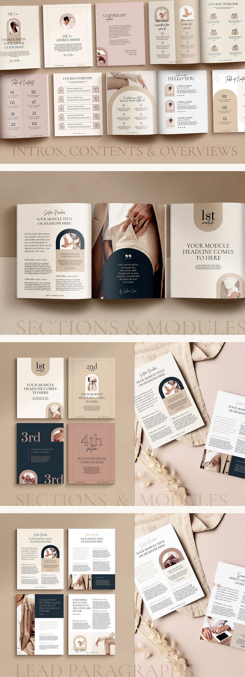 May include: A layout of an ebook with a neutral color palette. The pages feature headings, body text, and images. The ebook is divided into sections with titles like "Intros, Contents & Overviews" and "Sections & Modules."