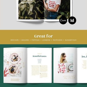 May include: A mockup of a 36-page magazine template with a green background. The magazine features a woman with a white shirt and jeans, a photo of a plate of berries, and a photo of a cup of coffee. The text "Ellen Wild" appears on the cover of the magazine.