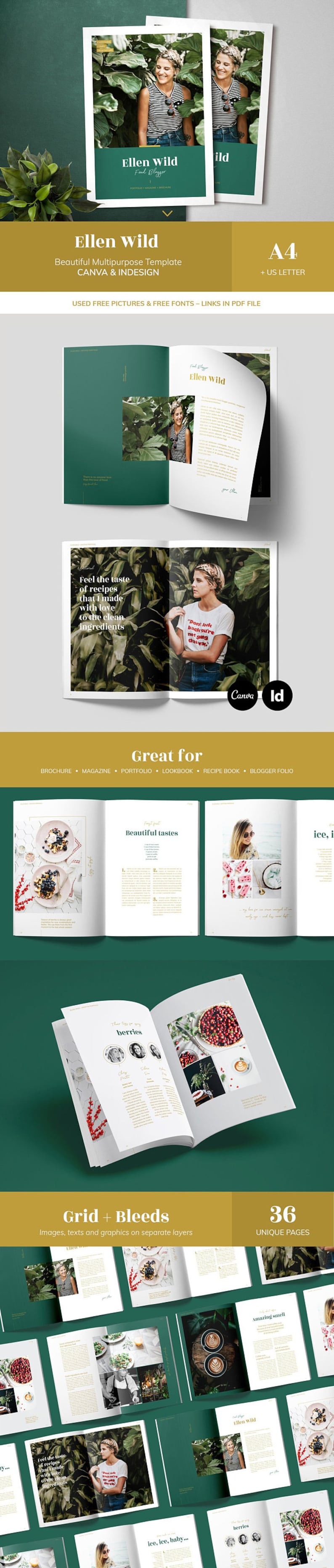 May include: A mockup of a 36-page magazine template with a green background. The magazine features a woman with a white shirt and jeans, a photo of a plate of berries, and a photo of a cup of coffee. The text "Ellen Wild" appears on the cover of the magazine.
