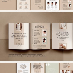 May include: A beige and green workbook with a minimalist design. The cover features a quote: "The question isn't who's going to let me; it's who is going to stop me?" The workbook is open to a page with a testimonial section titled "They Said".