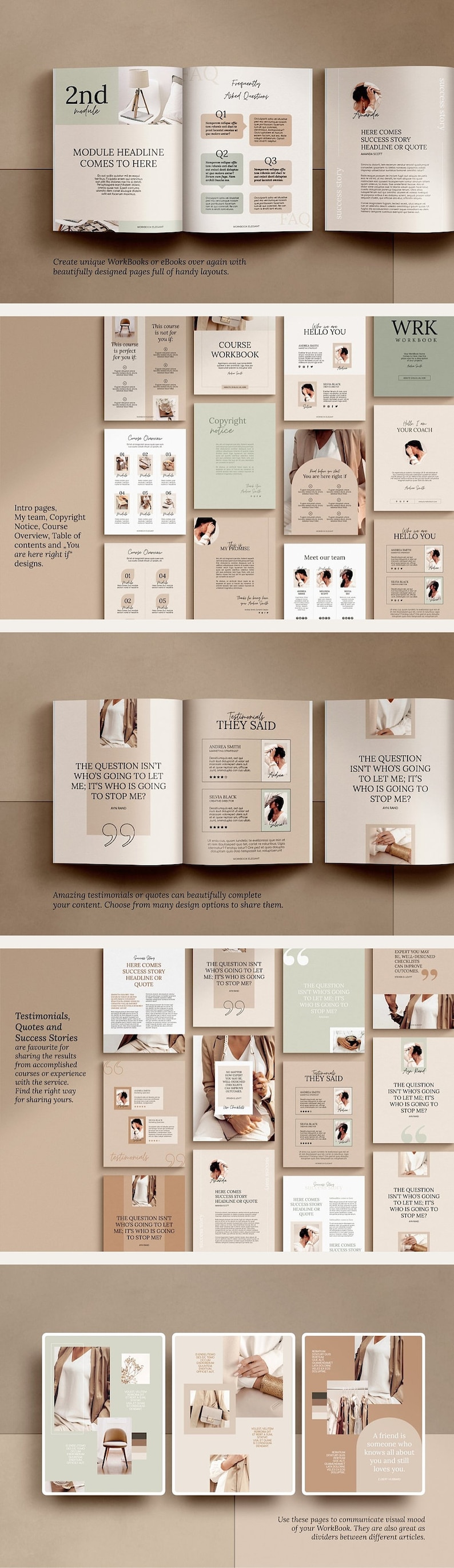 May include: A beige and green workbook with a minimalist design. The cover features a quote: "The question isn't who's going to let me; it's who is going to stop me?" The workbook is open to a page with a testimonial section titled "They Said".