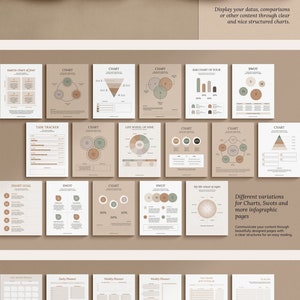 May include: A set of printable planner pages with charts, graphs, and worksheets. The pages are designed in a minimalist style with beige and green colors. The pages include titles such as "Life Wheel of Nine", "Smart Goal", "Task Tracker", "Weekly Planner", and "Assessment".
