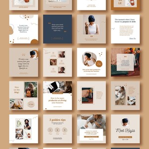 May include: A collage of 16 Instagram post templates featuring a variety of images and text. The posts are designed in a minimalist style with a neutral color palette of beige, brown, and white. The text includes phrases like "Giveaway", "Big Sale", "Keep your mind opened", "How to be super productive", "3 golden tips", "Get a taste of success", "Find your inspiration source", and "Are you ready to blog?"