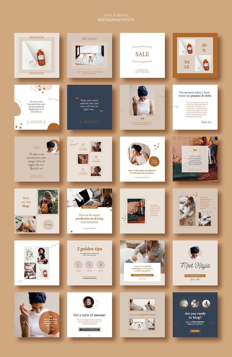 May include: A collage of 16 Instagram post templates featuring a variety of images and text. The posts are designed in a minimalist style with a neutral color palette of beige, brown, and white. The text includes phrases like "Giveaway", "Big Sale", "Keep your mind opened", "How to be super productive", "3 golden tips", "Get a taste of success", "Find your inspiration source", and "Are you ready to blog?"