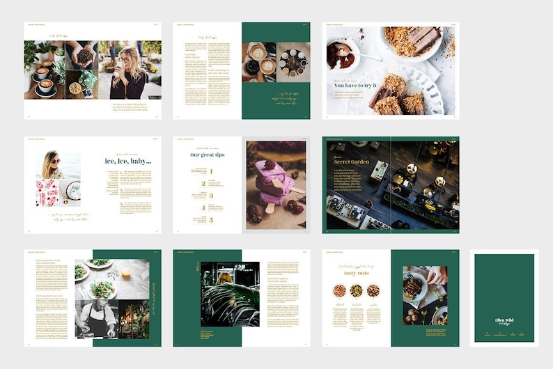 May include: A magazine spread featuring images of food, drinks, and nature. The magazine is titled "Live Wild" and features articles about coffee, ice cream, and gardening. The magazine has a green and gold color scheme.
