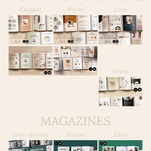 May include: A collage of images showcasing different types of digital products for sale, including ebooks, workbooks, magazines, social media templates, and slide decks. The products are organized by category and feature various design styles, such as elegant, Kayla, Cora, Ellen-Brooke, Brooke, and Mona.