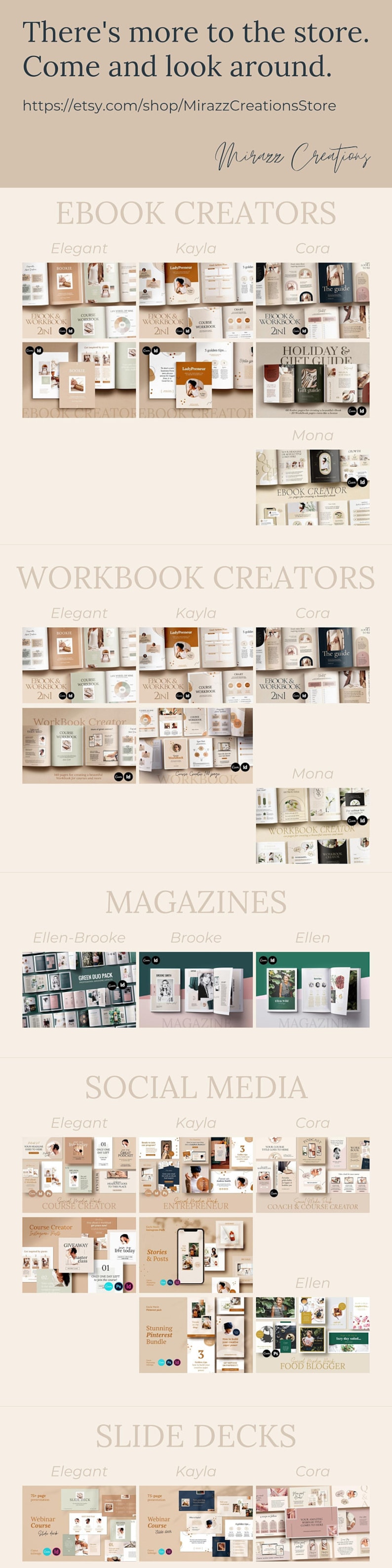 May include: A collage of images showcasing different types of digital products for sale, including ebooks, workbooks, magazines, social media templates, and slide decks. The products are organized by category and feature various design styles, such as elegant, Kayla, Cora, Ellen-Brooke, Brooke, and Mona.