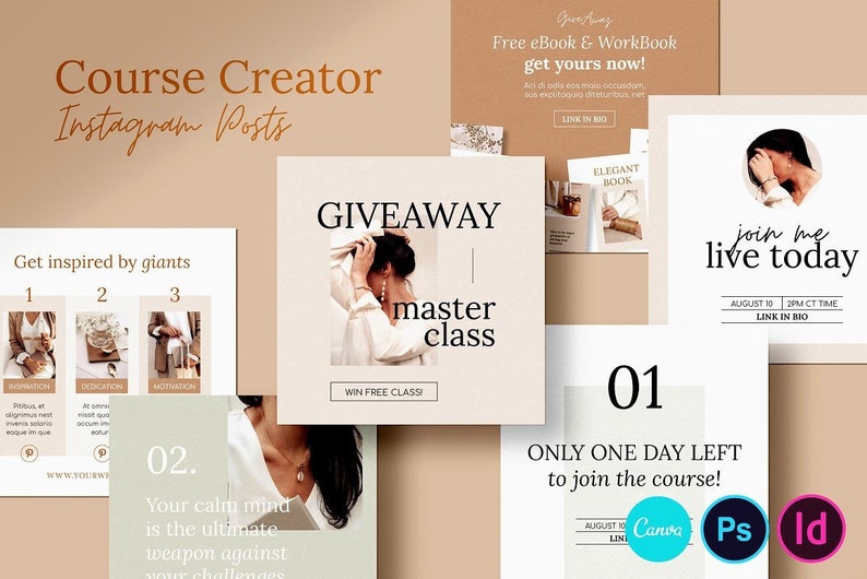 Pu&ograve; includere: Un collage di modelli di post Instagram per un creatore di corsi. I modelli presentano un'estrazione a sorte per una masterclass, un evento in diretta e un annuncio di corso. Il testo sui modelli &egrave; in uno stile moderno e minimalista.