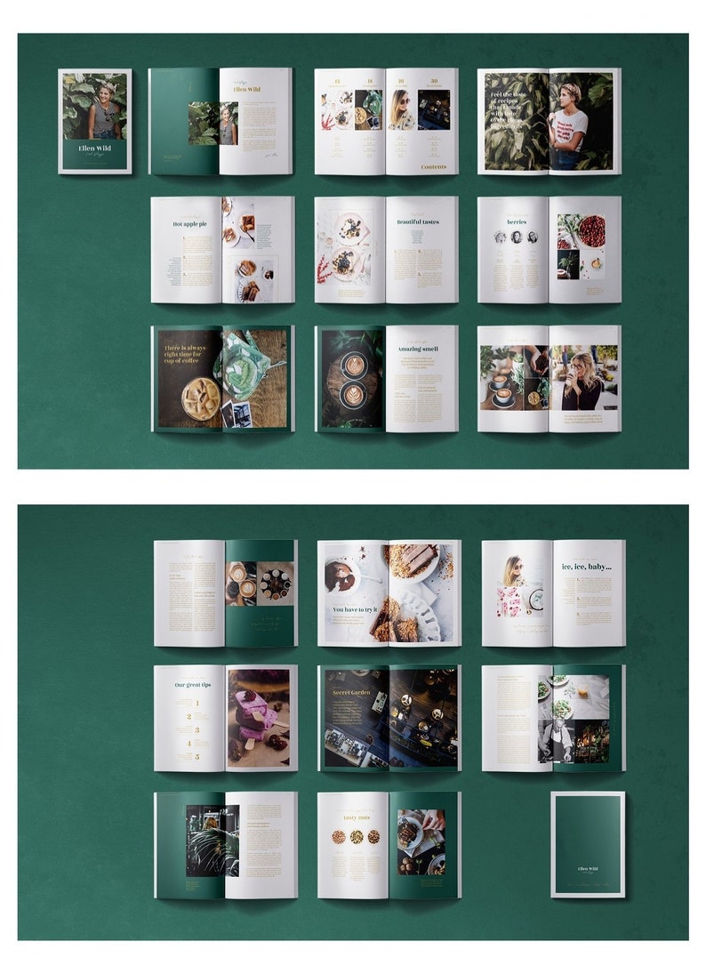 May include: A magazine layout with a green background featuring images of food, drinks, and a person. The magazine is titled "I Have Wild" and features text such as "You have to try it", "Sweet Gardens", and "Clear Green Tips".