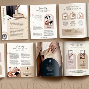 May include: A spread of open books with various layouts. Pages feature text, graphics, and images, including a woman's hand with a ring. Titles include "Success Story" and "Smart Goal Headline". The overall design is in neutral tones.