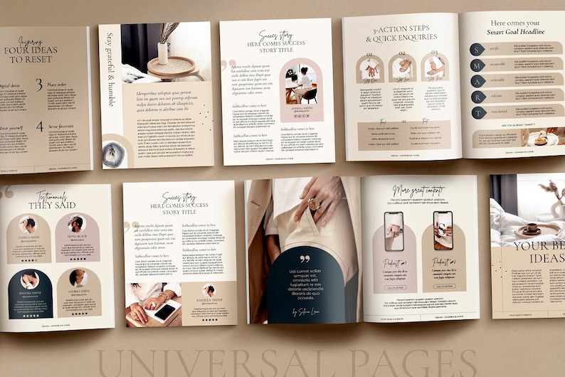 May include: A spread of open books with various layouts. Pages feature text, graphics, and images, including a woman's hand with a ring. Titles include "Success Story" and "Smart Goal Headline". The overall design is in neutral tones.