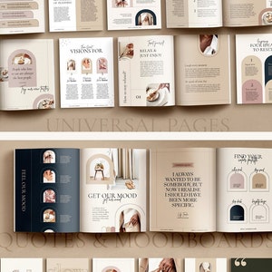 May include: A collection of digital marketing and business development pages with a neutral color palette. The pages feature testimonials, mood boards, and calls to action. The text includes "Success Stories", "Testimonials", and "Resources & Call to Action".