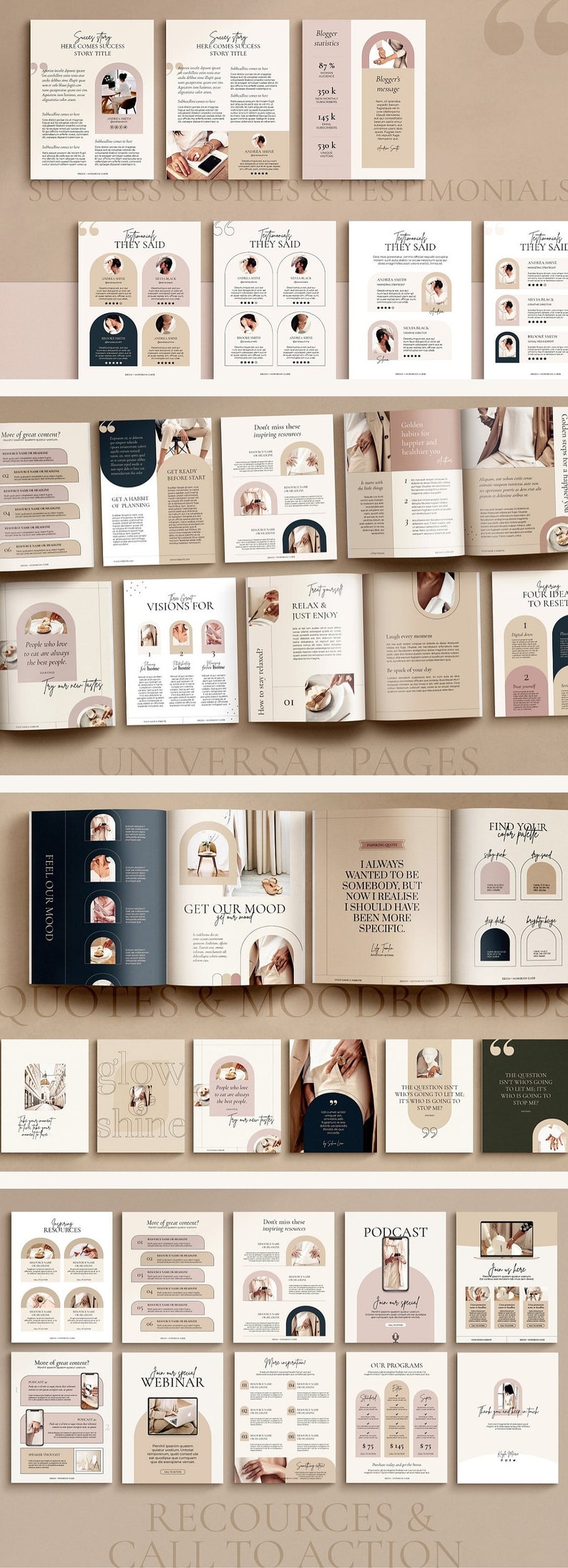 May include: A collection of digital marketing and business development pages with a neutral color palette. The pages feature testimonials, mood boards, and calls to action. The text includes "Success Stories", "Testimonials", and "Resources & Call to Action".