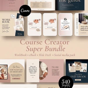 Puede incluir: Un paquete de marketing digital en tonos rosa y beige. La imagen incluye un libro de trabajo, un libro electrónico, una presentación de diapositivas y un paquete de redes sociales. El texto incluye "Course Creator Super Bundle" y "540 Templates".
