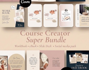 Puede incluir: Un paquete de marketing digital en tonos rosa y beige. La imagen incluye un libro de trabajo, un libro electrónico, una presentación de diapositivas y un paquete de redes sociales. El texto incluye "Course Creator Super Bundle" y "540 Templates".