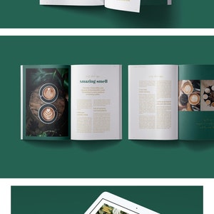 May include: Open magazine spread with a green background. The magazine features photos of coffee and a woman drinking coffee. The text on the page reads "Amazing smell" and "Coffee was originally a fruit".