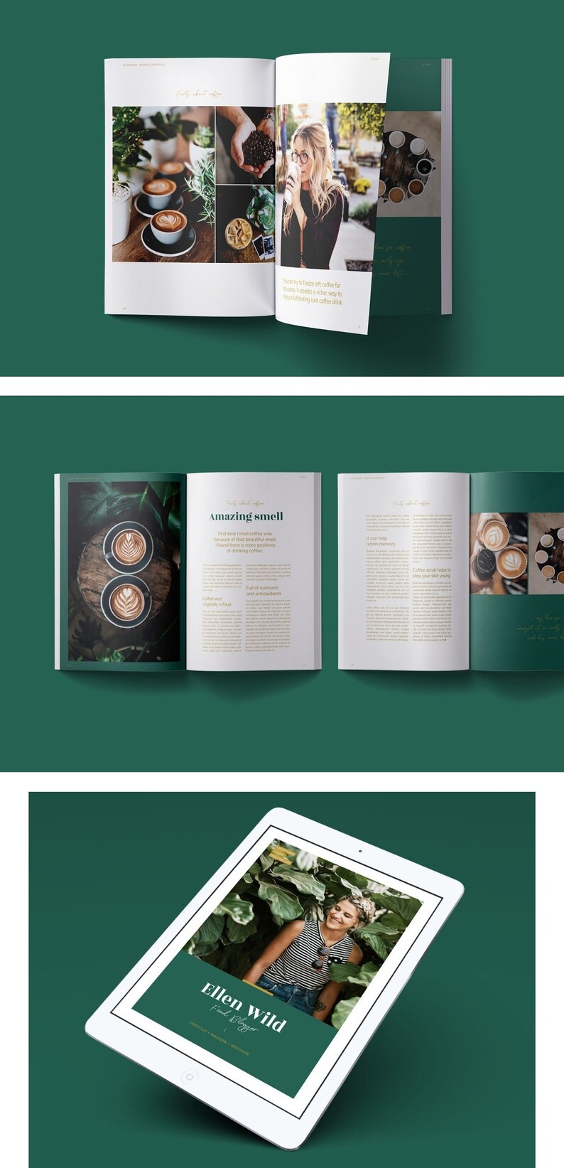 May include: Open magazine spread with a green background. The magazine features photos of coffee and a woman drinking coffee. The text on the page reads "Amazing smell" and "Coffee was originally a fruit".