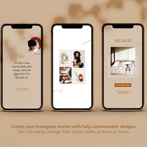 May include: Three Instagram story templates with a beige background. The first template features a quote about starting a new business. The second template features a collage of four images. The third template features a sale announcement with the text "BIG SALE!" and "ONLY THIS WEEK!"