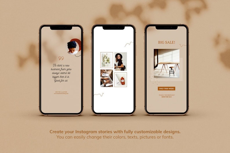 May include: Three Instagram story templates with a beige background. The first template features a quote about starting a new business. The second template features a collage of four images. The third template features a sale announcement with the text "BIG SALE!" and "ONLY THIS WEEK!"