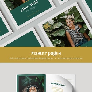 May include: A green and gold brochure mockup with the text "Ellen Wild Food Blogger" and images of coffee, food, and a woman. The brochure is designed for online publication or as an ebook.
