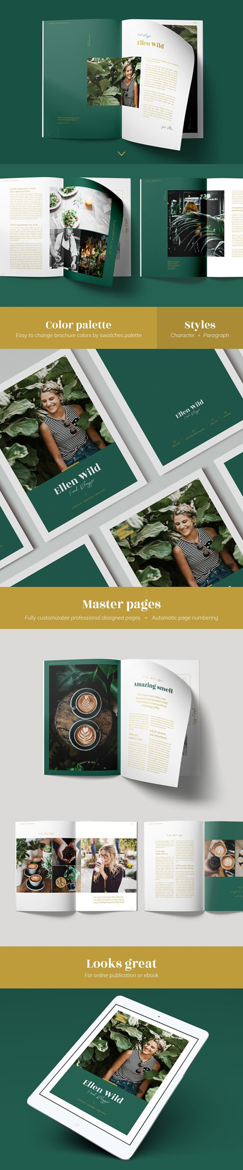 May include: A green and gold brochure mockup with the text "Ellen Wild Food Blogger" and images of coffee, food, and a woman. The brochure is designed for online publication or as an ebook.