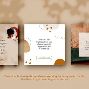 May include: Three social media post templates with quotes about starting a business. The first post features a woman with a brown and white patterned shirt. The second post has abstract shapes in brown and beige. The third post features a bouquet of flowers in a vase on a wooden table. The text on the first post reads: "To start a new business from zero always seems bit bigger then it is. Good for us."
