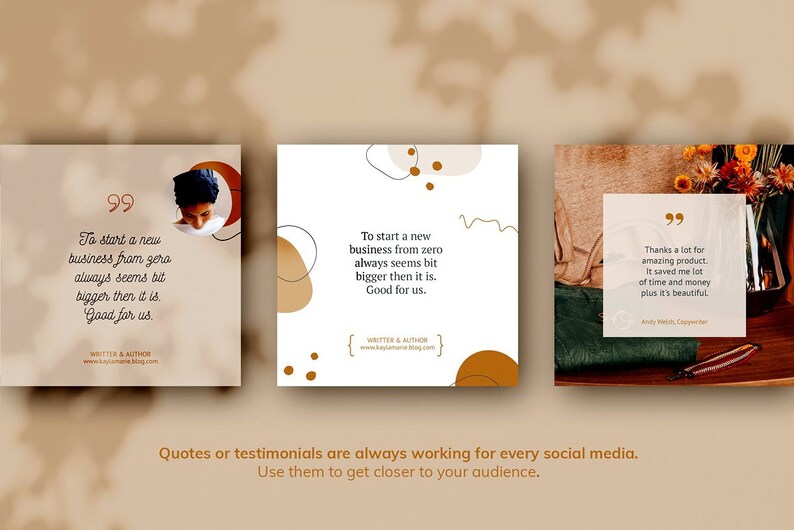 May include: Three social media post templates with quotes about starting a business. The first post features a woman with a brown and white patterned shirt. The second post has abstract shapes in brown and beige. The third post features a bouquet of flowers in a vase on a wooden table. The text on the first post reads: "To start a new business from zero always seems bit bigger then it is. Good for us."