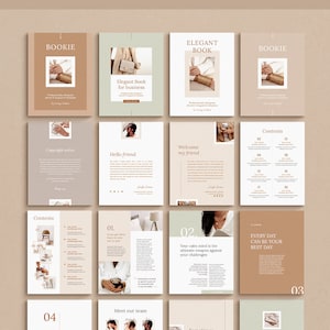 May include: A beige and brown ebook template with the title "BOOKIE" and the text "Professionally Designed Ebook & Magazine Template by Pretty Studio". The ebook template features images of a woman wearing a bracelet, a woman holding a cup of coffee, and a woman sitting on a chair. The ebook template also includes text about the importance of a calm mind and the benefits of finding your purpose.