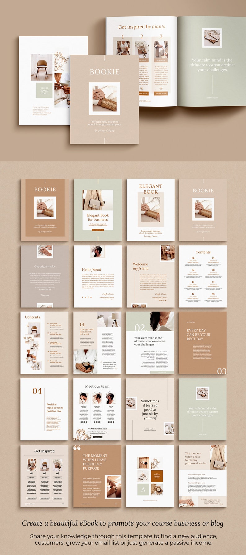 May include: A beige and brown ebook template with the title "BOOKIE" and the text "Professionally Designed Ebook & Magazine Template by Pretty Studio". The ebook template features images of a woman wearing a bracelet, a woman holding a cup of coffee, and a woman sitting on a chair. The ebook template also includes text about the importance of a calm mind and the benefits of finding your purpose.
