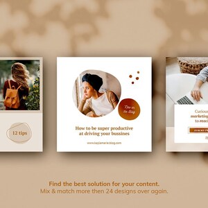 May include: Three social media post templates with a brown and white color scheme. The first post features a woman with a backpack, the second post features a woman looking out a window, and the third post features a woman working on a laptop. The text on the posts includes "New on the blog!" and "How to be super productive at driving your business".