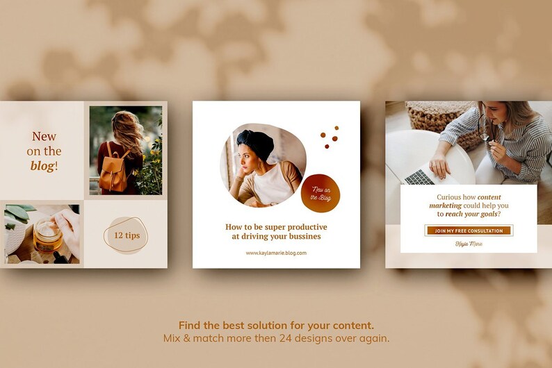 May include: Three social media post templates with a brown and white color scheme. The first post features a woman with a backpack, the second post features a woman looking out a window, and the third post features a woman working on a laptop. The text on the posts includes "New on the blog!" and "How to be super productive at driving your business".