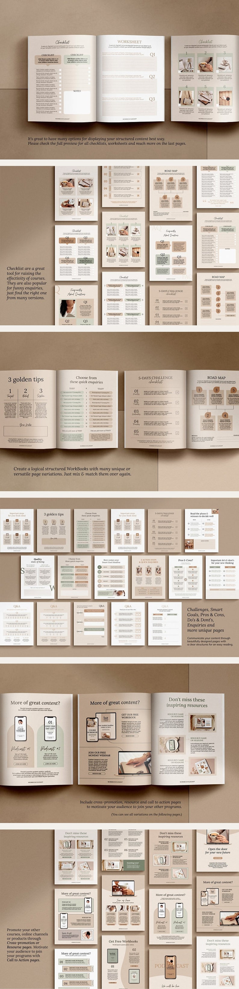 May include: A set of printable worksheets and checklists in a neutral color palette with a minimalist design. The pages feature a variety of layouts, including checklists, roadmaps, and question and answer sections. The text on the pages is in a simple, easy-to-read font.