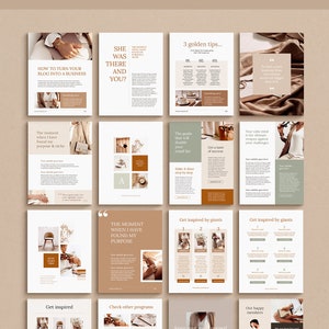 May include: A digital marketing ebook with a beige and brown colour scheme. The ebook cover features a mood board with a chair, a cup, and flowers. The text on the cover reads "How to Turn Your Blog Into a Business".