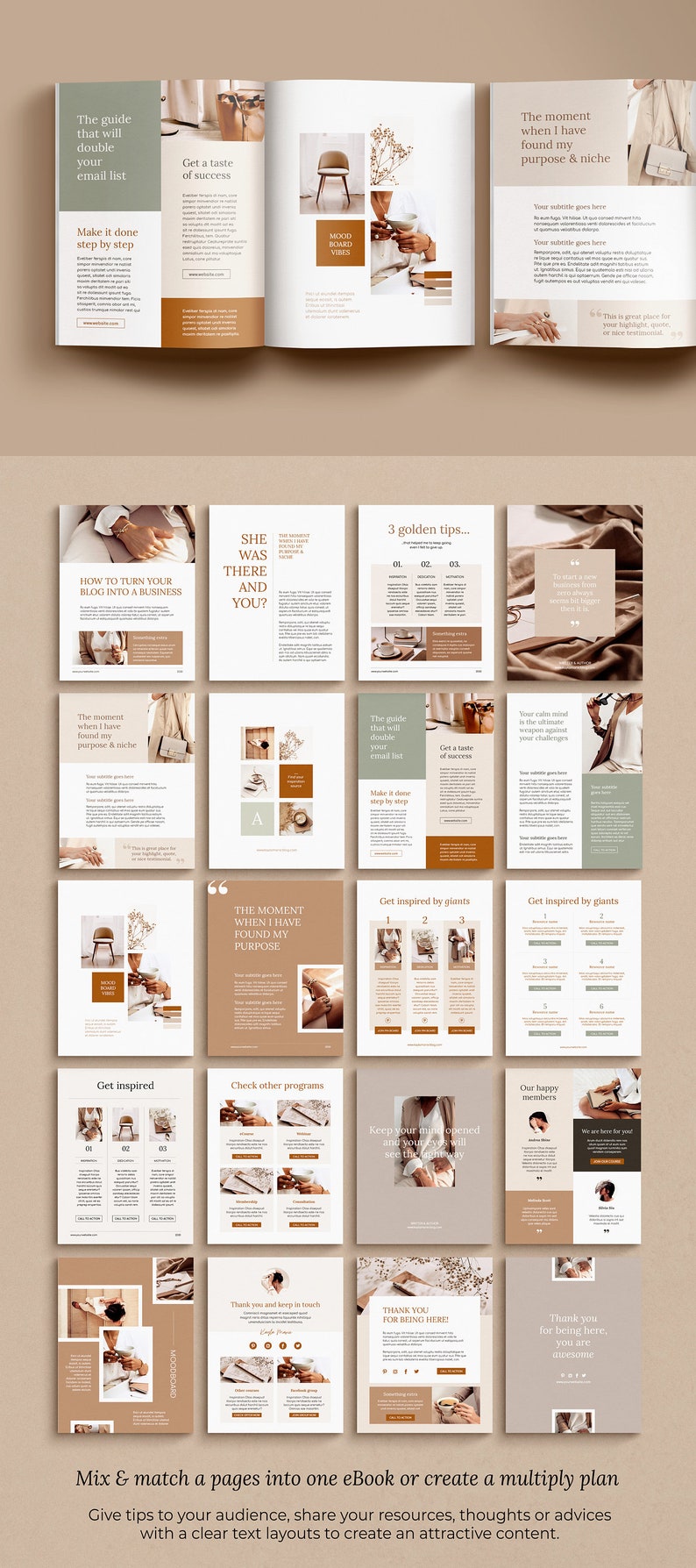 May include: A digital marketing ebook with a beige and brown colour scheme. The ebook cover features a mood board with a chair, a cup, and flowers. The text on the cover reads "How to Turn Your Blog Into a Business".