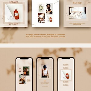 May include: Three Instagram story templates with a light brown background. The first template features a giveaway announcement with a bottle of amber liquid. The second template features a woman wearing a black hat and a white shirt. The third template features a desk with a chair and the text "BIG SALE!" and "YEARLY MEMBERSHIP NOW FOR $281! ONLY THIS WEEK!"