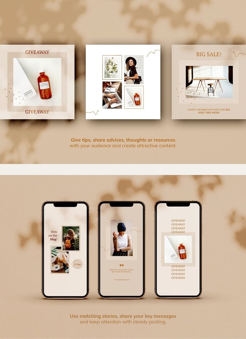 May include: Three Instagram story templates with a light brown background. The first template features a giveaway announcement with a bottle of amber liquid. The second template features a woman wearing a black hat and a white shirt. The third template features a desk with a chair and the text "BIG SALE!" and "YEARLY MEMBERSHIP NOW FOR $281! ONLY THIS WEEK!"