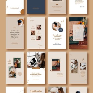 May include: A collection of 16 Instagram story templates with a beige and brown color scheme. The templates feature text, images, and graphics. Some of the text includes "Big Sale!", "Sale", "Giveaway", "New on the Blog", "How to be super productive at driving your business", "3 golden tips", "Get a taste of success!", "Find your inspiration", "Are you ready to blog?", "Meet Kayla", "The moment when I have found my purpose & niche", "To start a new business from zero always seems bit bigger then it is. Good for us.", "Keep your mind opened and your eyes will see the right way...", "Curious how content marketing could help you to reach your goals?", "Join our FREE WEBINAR!" and "Join our FREE WEBINAR!"