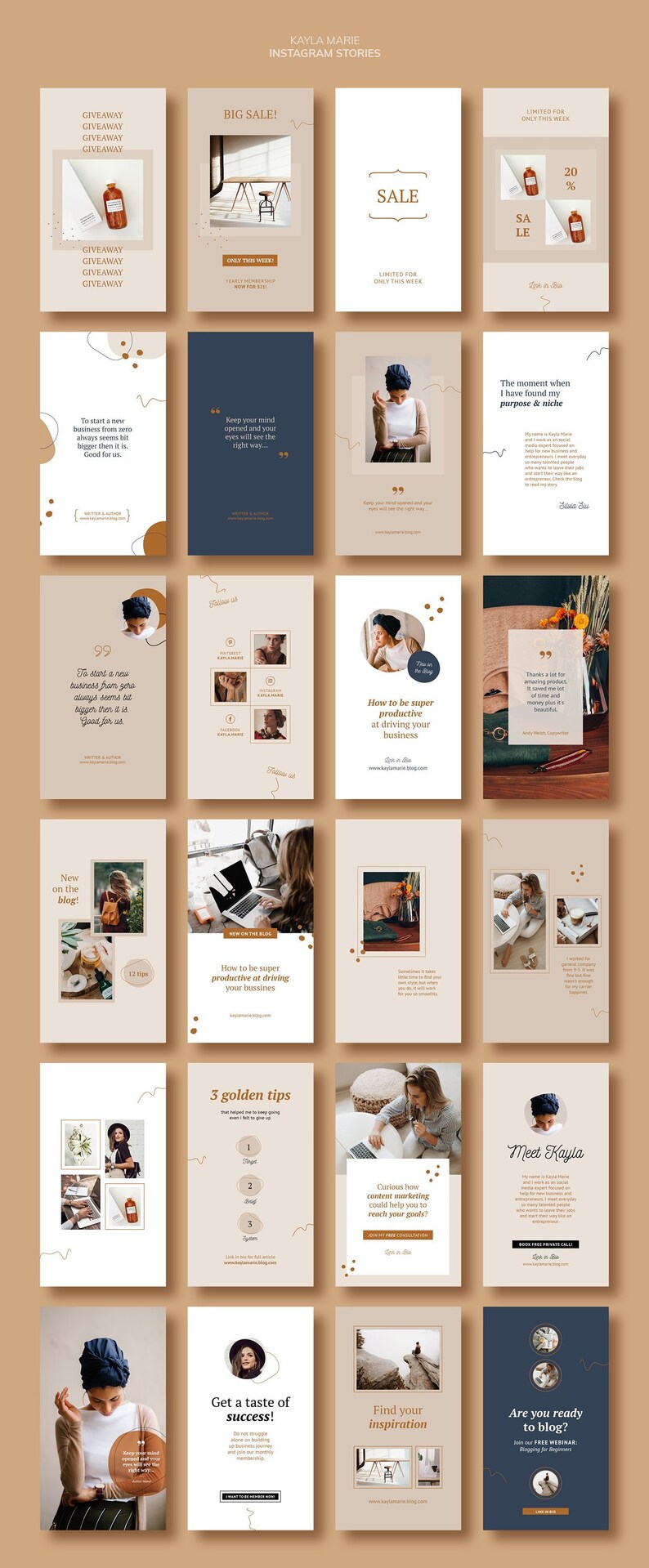 May include: A collection of 16 Instagram story templates with a beige and brown color scheme. The templates feature text, images, and graphics. Some of the text includes "Big Sale!", "Sale", "Giveaway", "New on the Blog", "How to be super productive at driving your business", "3 golden tips", "Get a taste of success!", "Find your inspiration", "Are you ready to blog?", "Meet Kayla", "The moment when I have found my purpose & niche", "To start a new business from zero always seems bit bigger then it is. Good for us.", "Keep your mind opened and your eyes will see the right way...", "Curious how content marketing could help you to reach your goals?", "Join our FREE WEBINAR!" and "Join our FREE WEBINAR!"