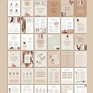 May include: A digital workbook template with a beige and green color scheme. The template includes pages for course outlines, module headings, and daily planners. The text "Elegant Workbook Creator" is at the top of the page.