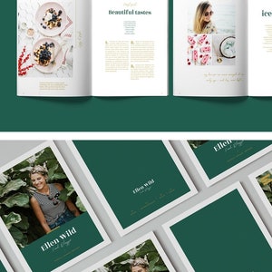 May include: A green and white magazine mockup with the title "Ellen Wild Food & Blogger" and images of food and a woman. The magazine is open to a page with the title "Beautiful Tastes" and a recipe for fruit gratin.