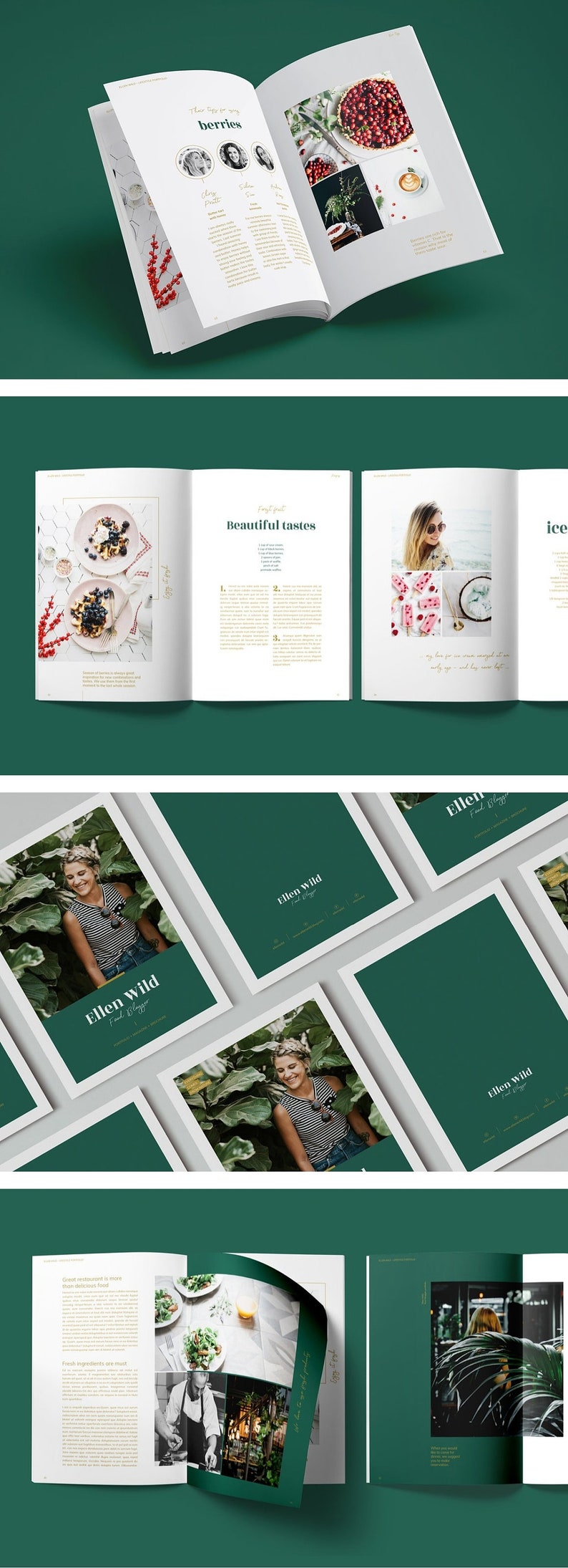 May include: A green and white magazine mockup with the title "Ellen Wild Food & Blogger" and images of food and a woman. The magazine is open to a page with the title "Beautiful Tastes" and a recipe for fruit gratin.