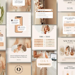 May include: A collection of social media post templates featuring a neutral color palette with beige, brown, and white. The templates include text boxes, graphics, and images. Some of the text includes "3 Key Factors to Increase Your Business", "This or That", "New Podcast", "Q&A", and "Comparison Bar Chart".