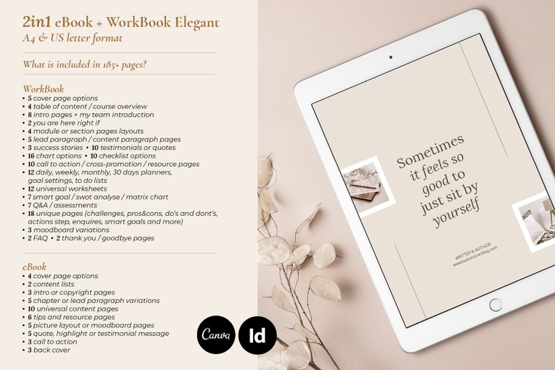 May include: A digital tablet mockup with a beige background and the text "Sometimes it feels so good to just sit by yourself." The tablet is surrounded by a light brown background and a few dried leaves.