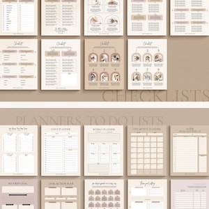 May include: A collection of beige and white printable planner pages, checklists, and worksheets. The pages include sections for goal setting, daily planning, and tracking progress. The text includes "3 golden tips" and "Universal Pages".
