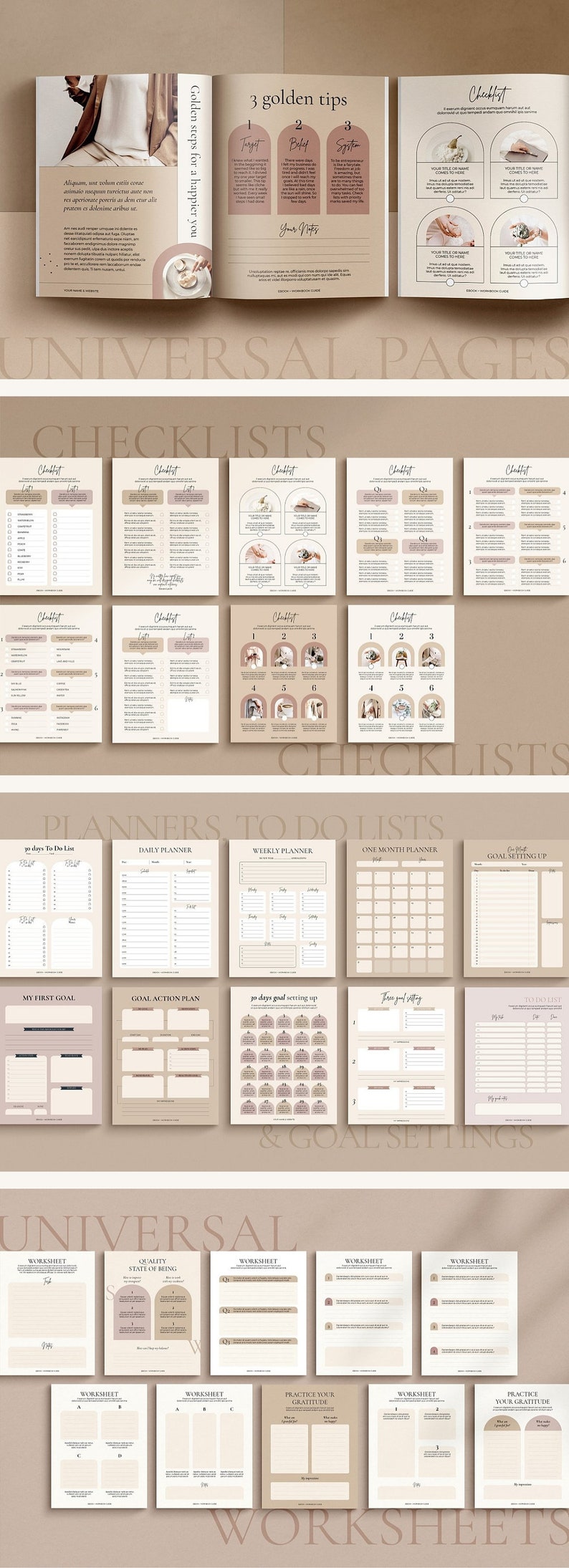 May include: A collection of beige and white printable planner pages, checklists, and worksheets. The pages include sections for goal setting, daily planning, and tracking progress. The text includes "3 golden tips" and "Universal Pages".